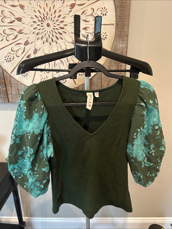 Anthropologie Tops - Anthropologie Dark Green Top with Teal Lace Puff Sleeves